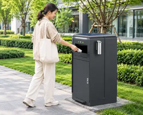 How is waste deposited into solar-powered trash cans?